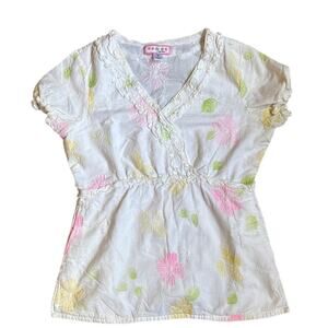 Kathy Peterson y2k white crossover ruffle floral short sleeve shirt SIZE S